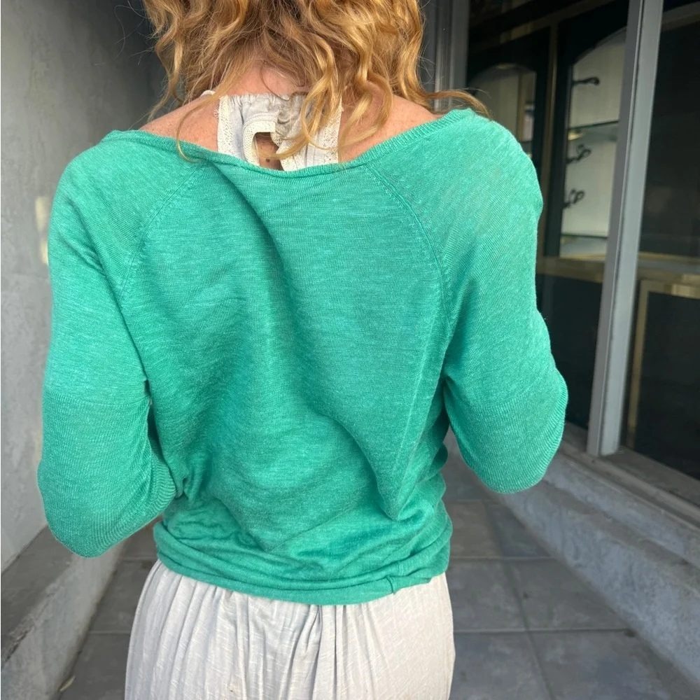 Eileen Fisher light sweater‎ knit emerald green summer layering colorful med euc